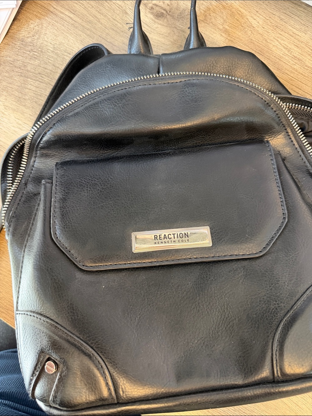 Kenneth Cole Reaction Black Faux Leather Backpack with Front Flap Pocket